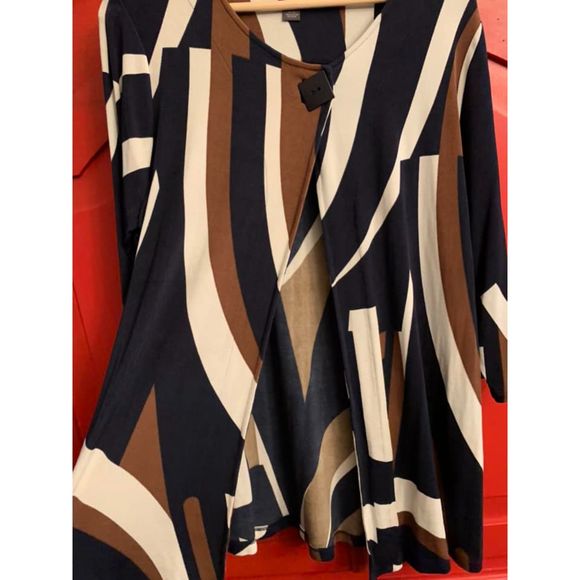 Travelers by Chico's Sze 2  L 12 Long Asymmetric Brown Black Cardigan Dressy EUC - Picture 4 of 4